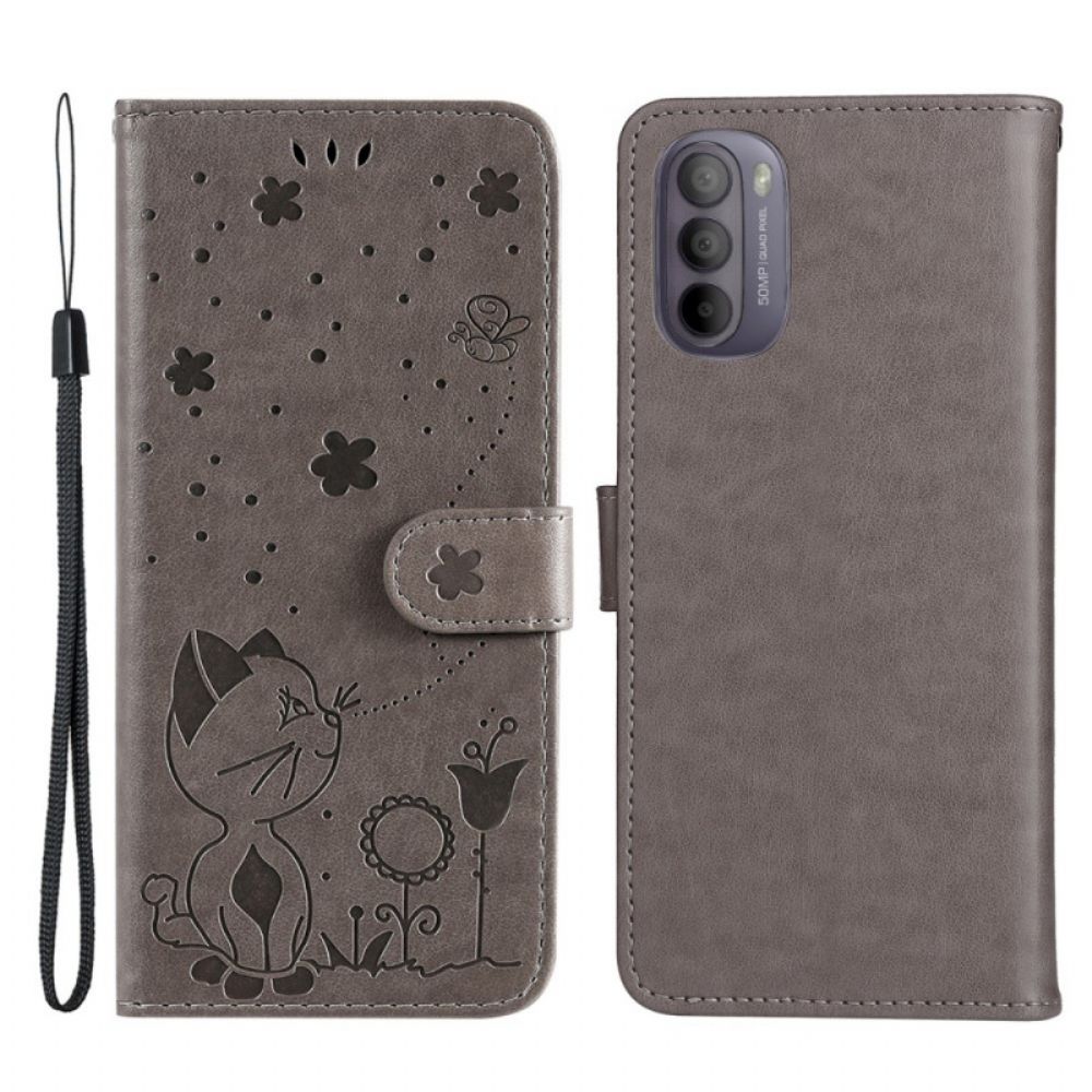 Folio-hoesje voor Moto G31 / Moto G41 Met Ketting Kat En Bij Met Riem