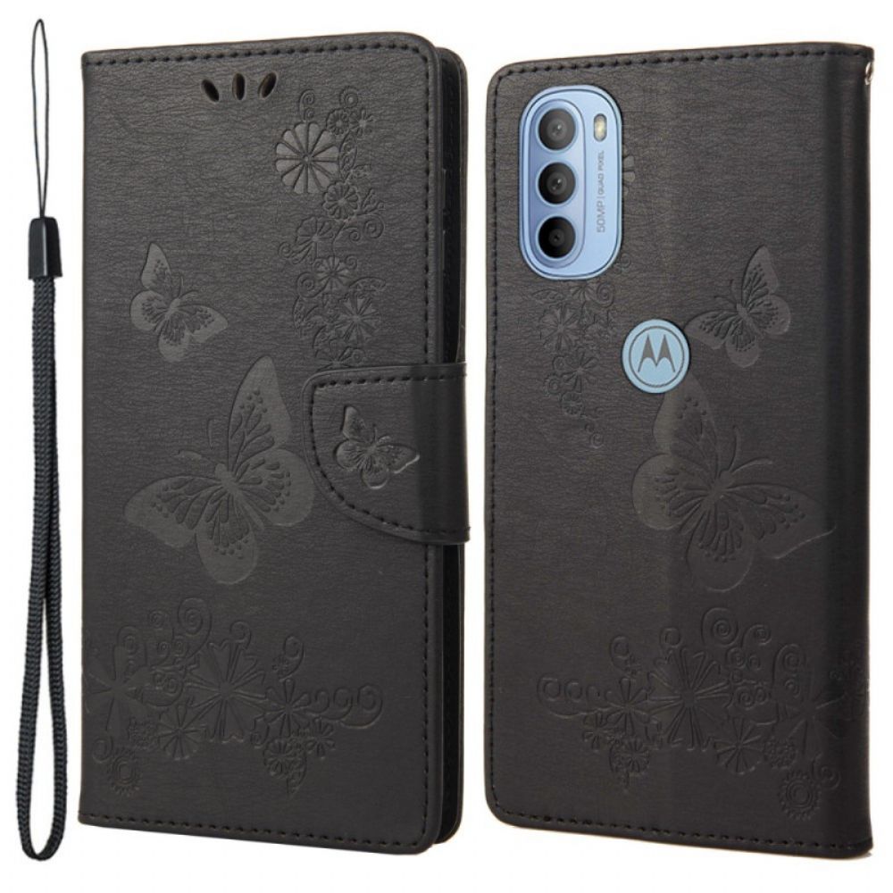 Folio-hoesje voor Moto G31 / Moto G41 Met Ketting Prachtige Vlinders Met Riem