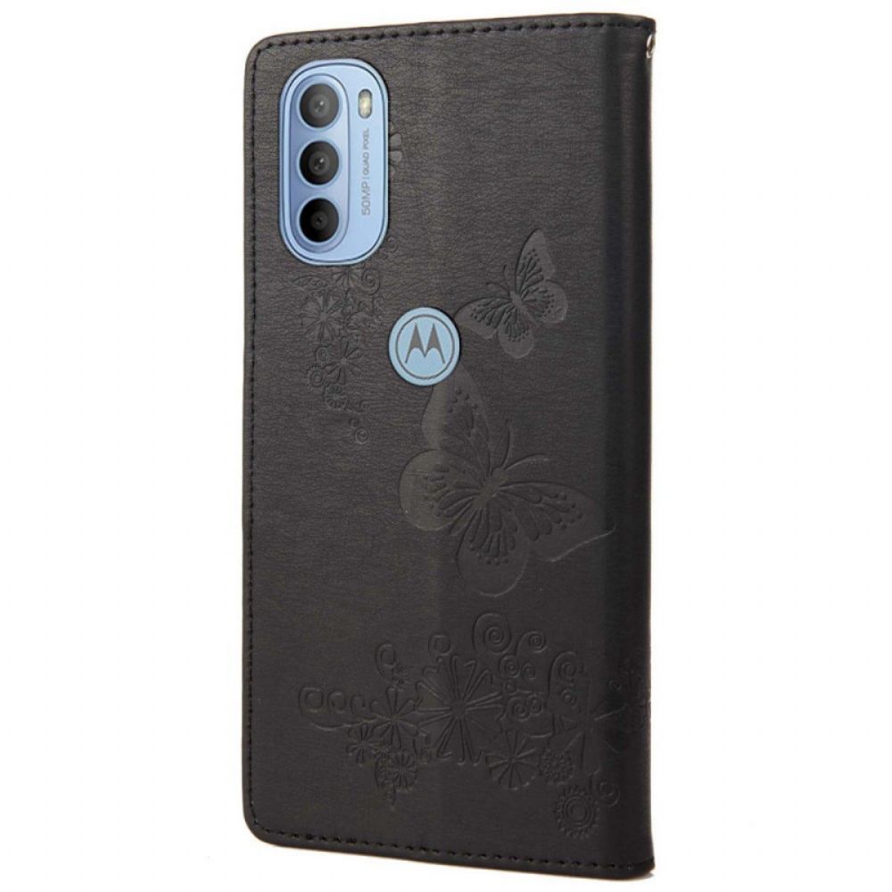 Folio-hoesje voor Moto G31 / Moto G41 Met Ketting Prachtige Vlinders Met Riem