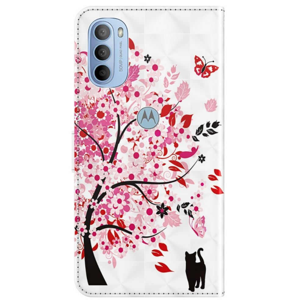 Folio-hoesje voor Moto G31 / Moto G41 Roze Boom En Zwarte Kat