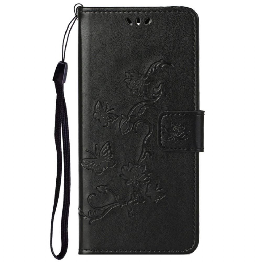 Leren Hoesje voor Moto G31 / Moto G41 Met Ketting Thong Vlinders En Bloemen