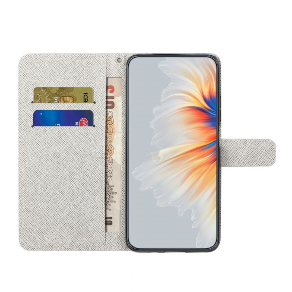 Flip Case Leren Xiaomi Redmi Note 13 5g Blauwe Bloemen En Vlinder Met Riempje