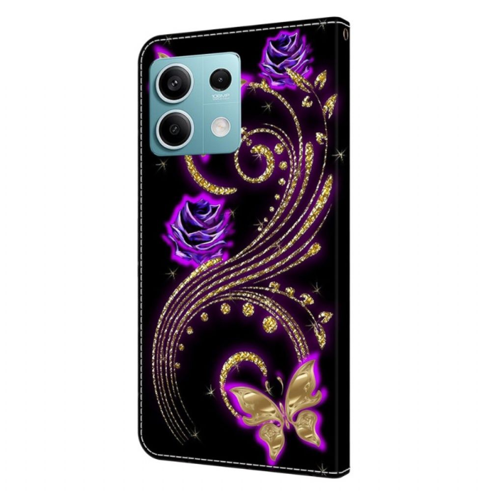 Flip Case Leren Xiaomi Redmi Note 13 5g Violette Bloemen En Vlinders