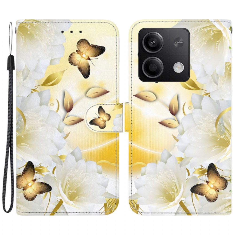 Folio-hoesje Xiaomi Redmi Note 13 5g Telefoonhoesje Gouden Vlinders En Witte Bloemen