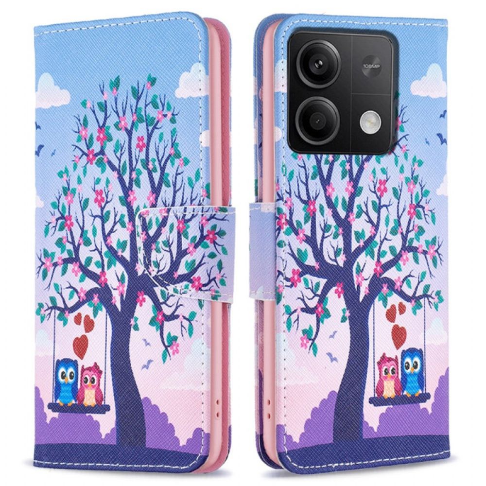 Leren Hoesje Voor Xiaomi Redmi Note 13 5g Twee Uilen Op De Schommel