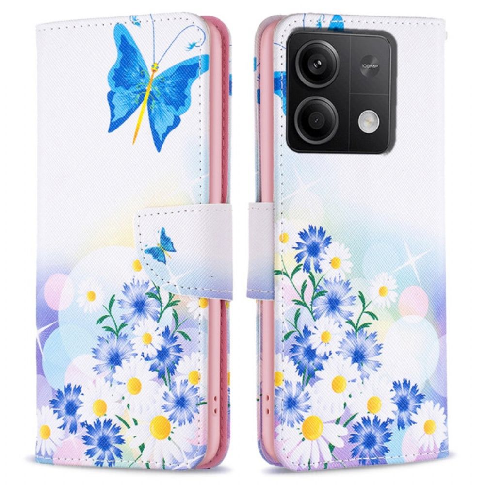 Leren Hoesje Voor Xiaomi Redmi Note 13 5g Vlinder- En Bloemenpatroon