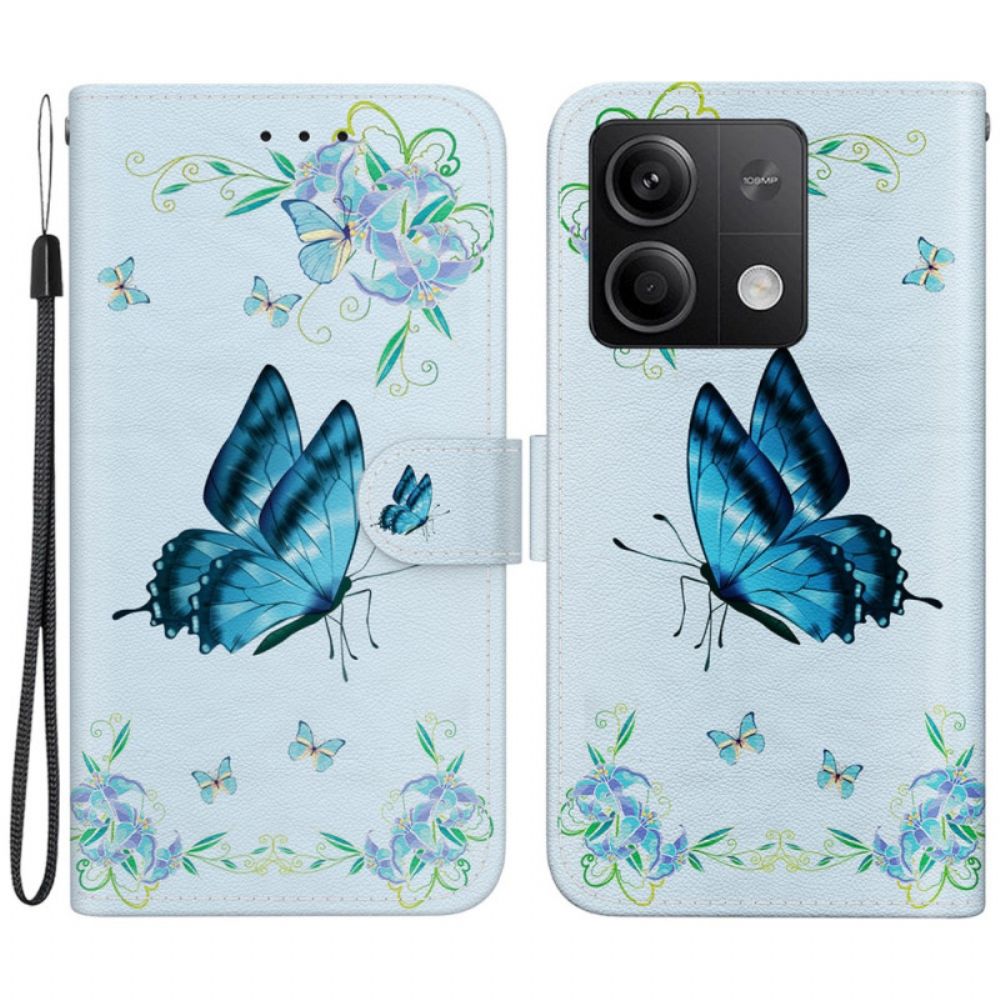 Leren Hoesje Xiaomi Redmi Note 13 5g Blauwe Vlinders En Bloemen Met Riempje