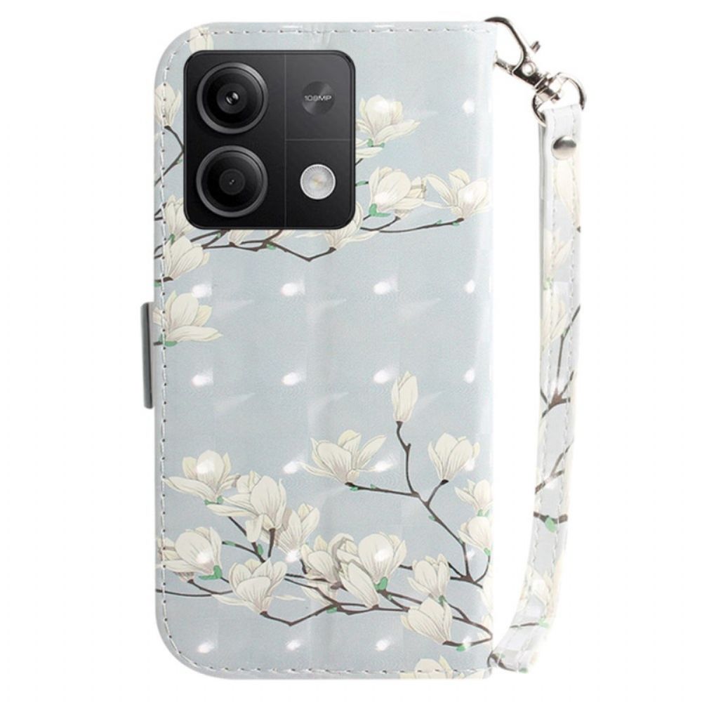 Leren Hoesje Xiaomi Redmi Note 13 5g Gestreepte Magnolia's Bescherming Hoesje