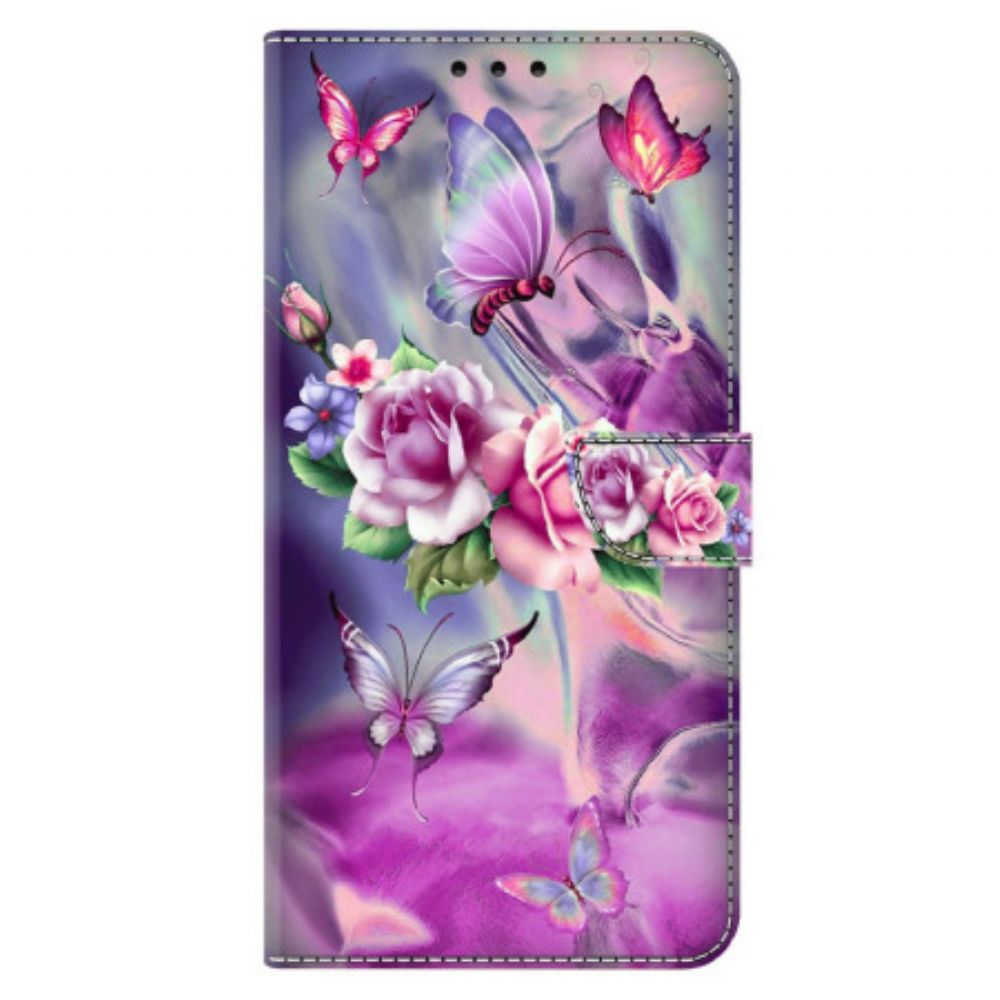 Leren Hoesje Xiaomi Redmi Note 13 5g Paarse Vlinders En Bloemen