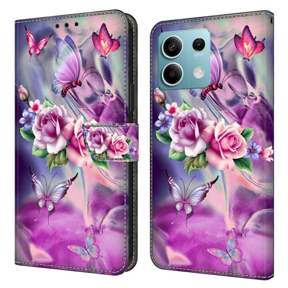 Leren Hoesje Xiaomi Redmi Note 13 5g Paarse Vlinders En Bloemen