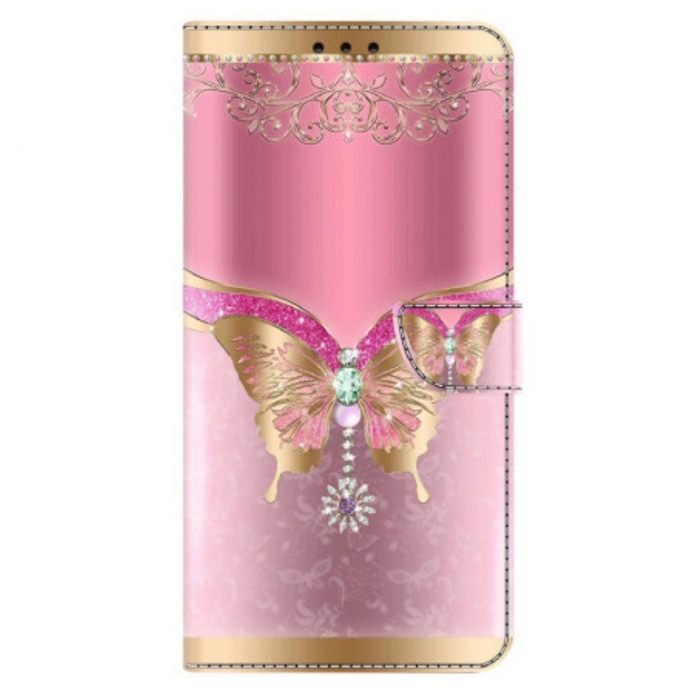 Leren Hoesje Xiaomi Redmi Note 13 5g Roze En Gouden Vlinder Bescherming Hoesje