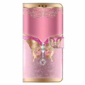 Leren Hoesje Xiaomi Redmi Note 13 5g Roze En Gouden Vlinder Bescherming Hoesje