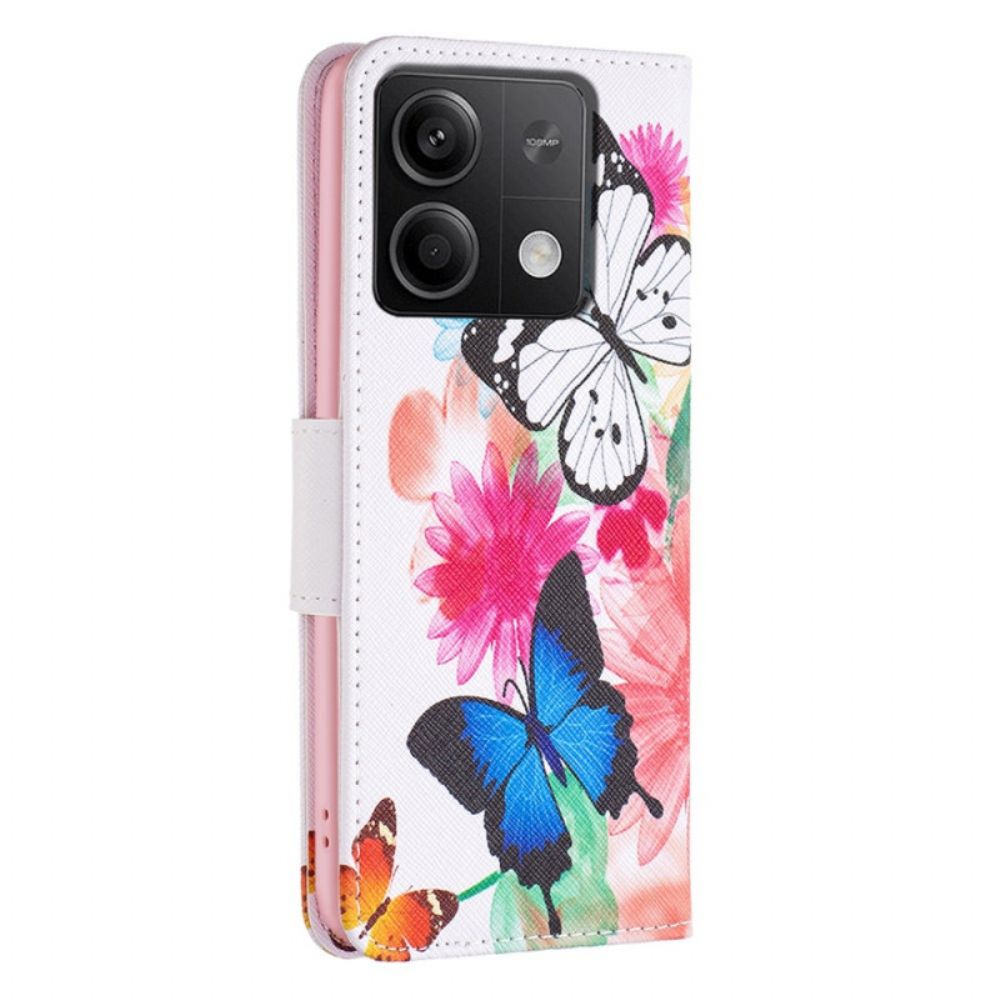 Leren Hoesje Xiaomi Redmi Note 13 5g Twee Aquarelvlinders Bescherming Hoesje