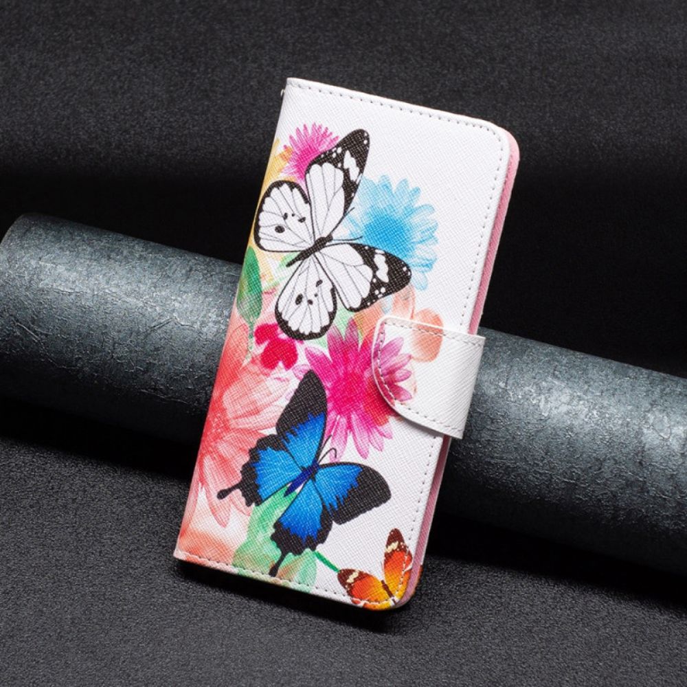 Leren Hoesje Xiaomi Redmi Note 13 5g Twee Aquarelvlinders Bescherming Hoesje