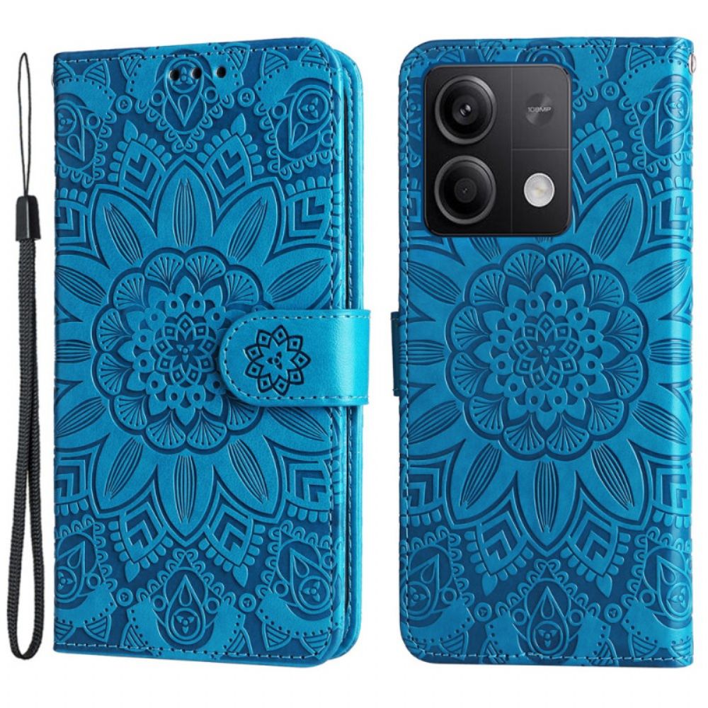 Leren Hoesje Xiaomi Redmi Note 13 5g Zonnebloempatroon Met Riempje Bescherming Hoesje