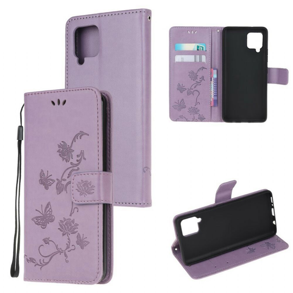 Flip Case voor Samsung Galaxy A42 5G Met Ketting Thong Vlinders En Bloemen