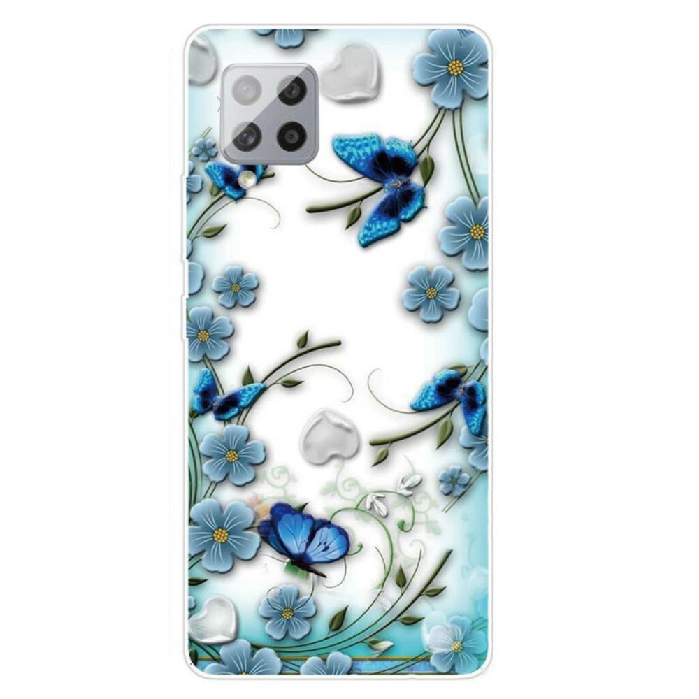 Hoesje voor Samsung Galaxy A42 5G Transparante Retro Vlinders En Bloemen