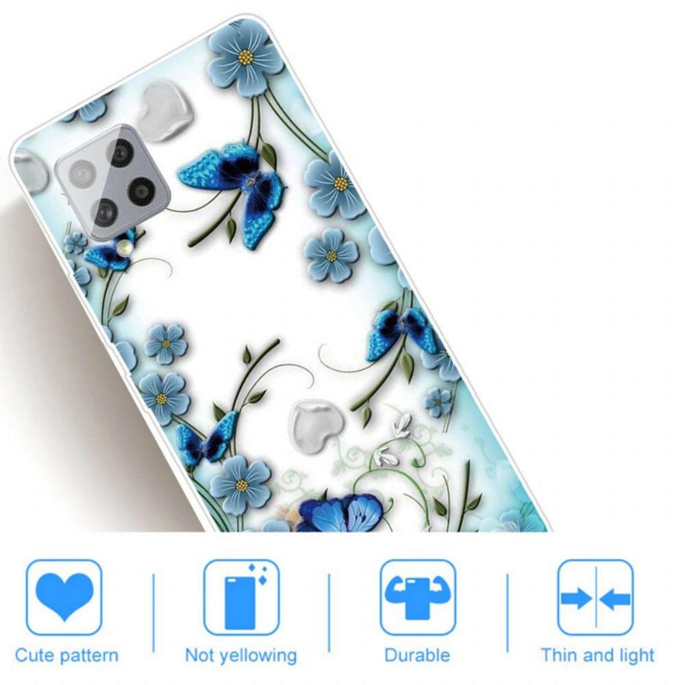 Hoesje voor Samsung Galaxy A42 5G Transparante Retro Vlinders En Bloemen