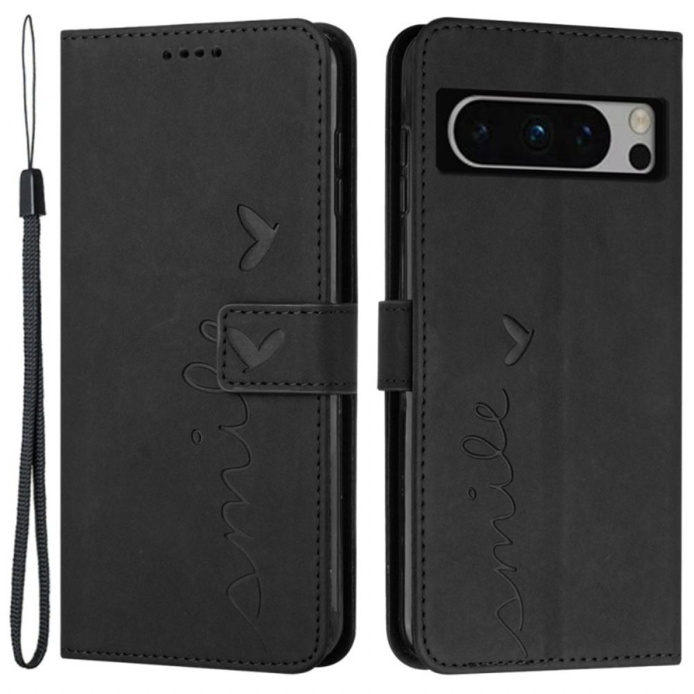 Flip Case Leren Google Pixel 8 Pro Glimlach Met Draagkoord