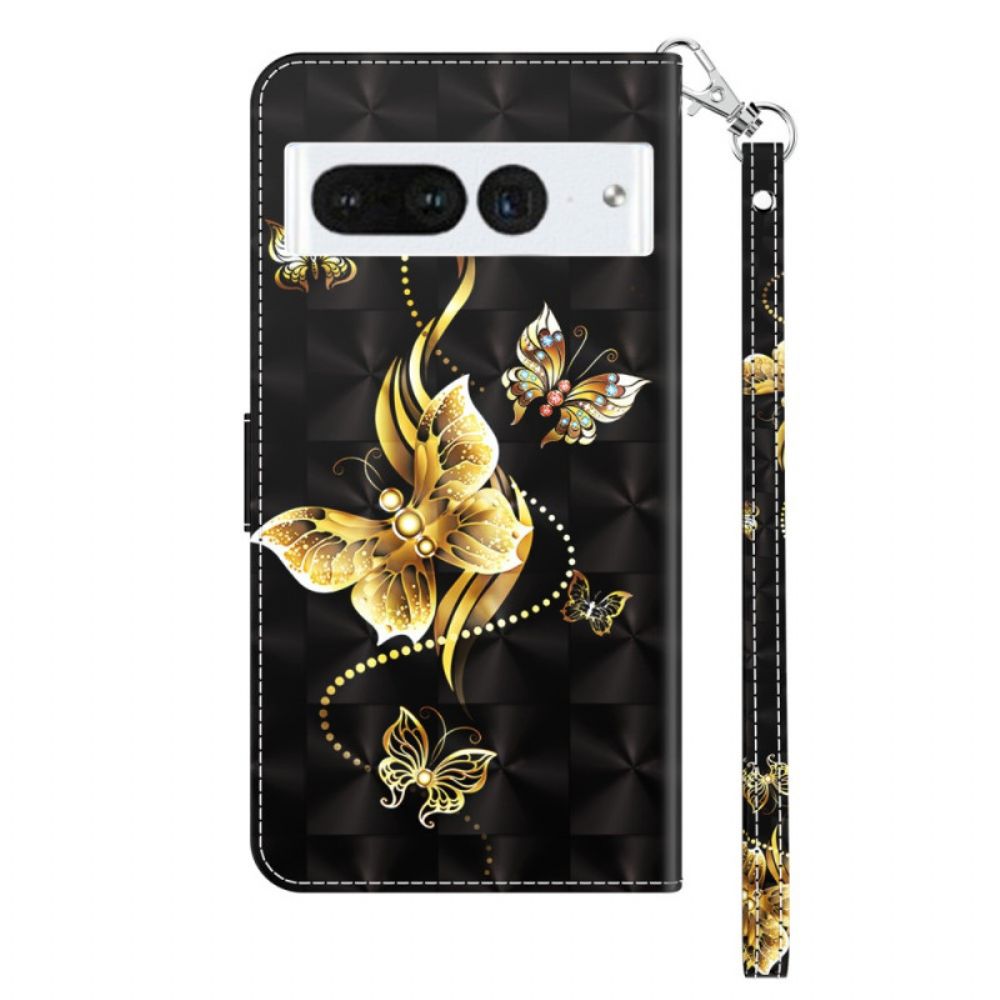 Flip Case Leren Google Pixel 8 Pro Gouden Vlinders Met Bandje