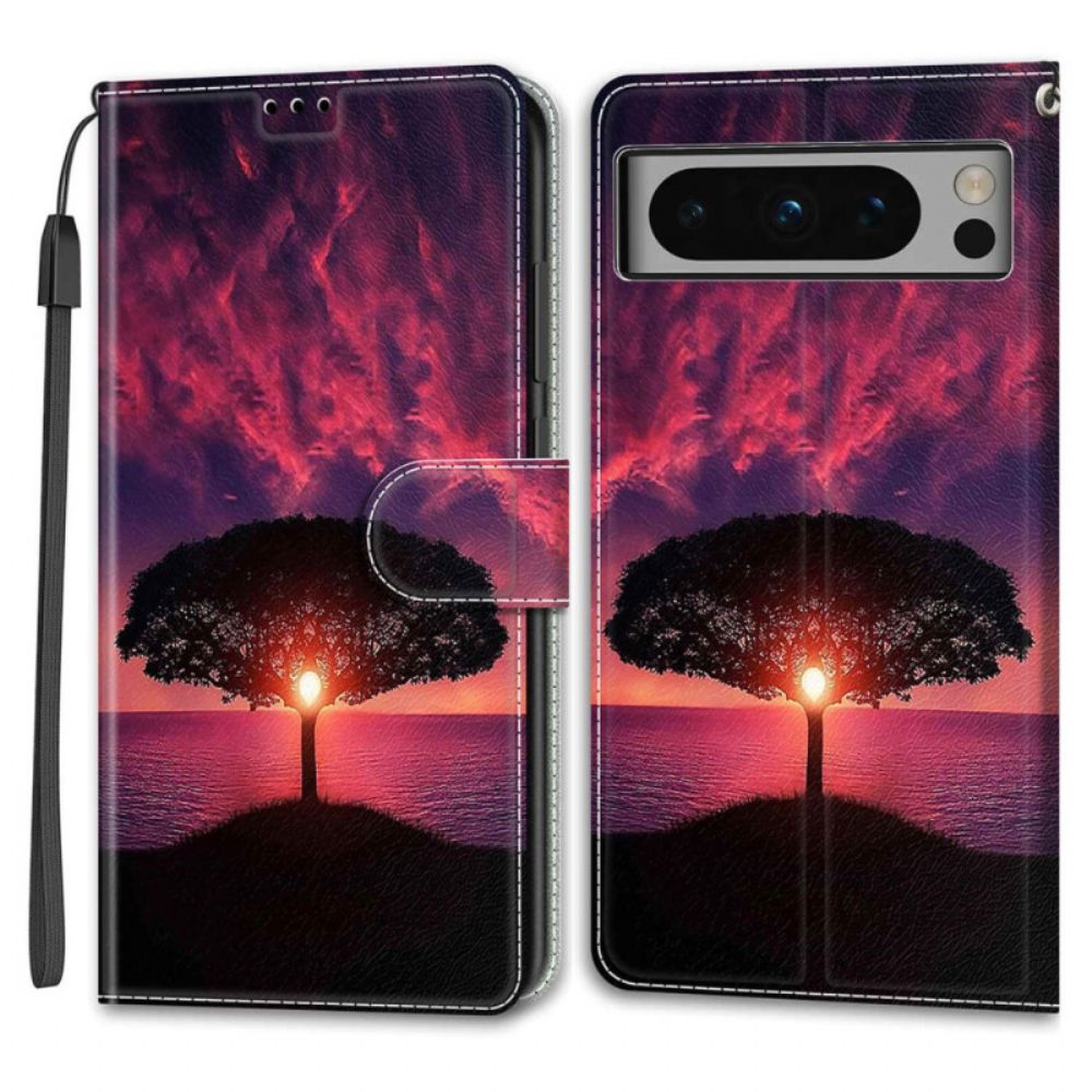 Flip Case Leren Google Pixel 8 Pro Magisch Landschap Met Riem