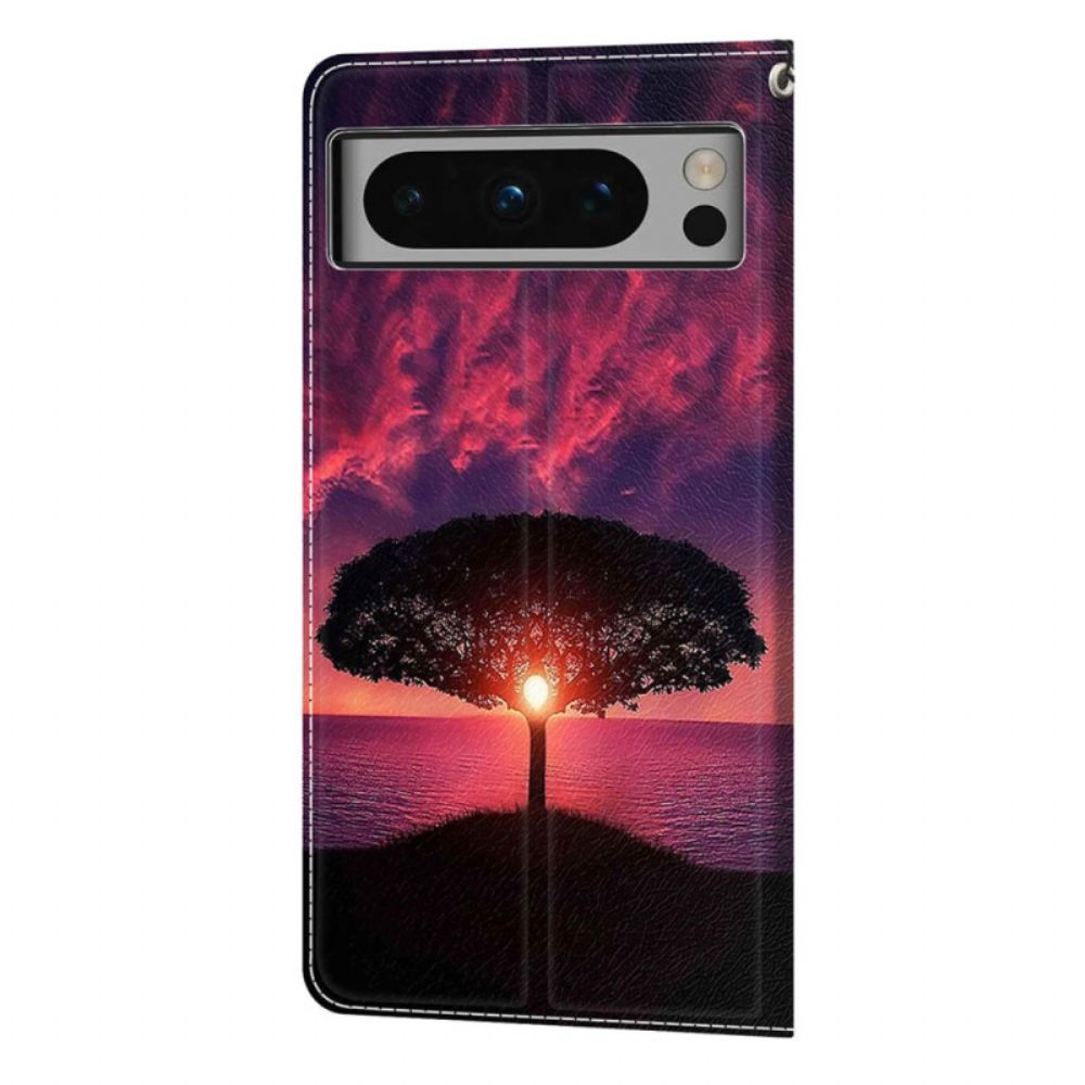 Flip Case Leren Google Pixel 8 Pro Magisch Landschap Met Riem