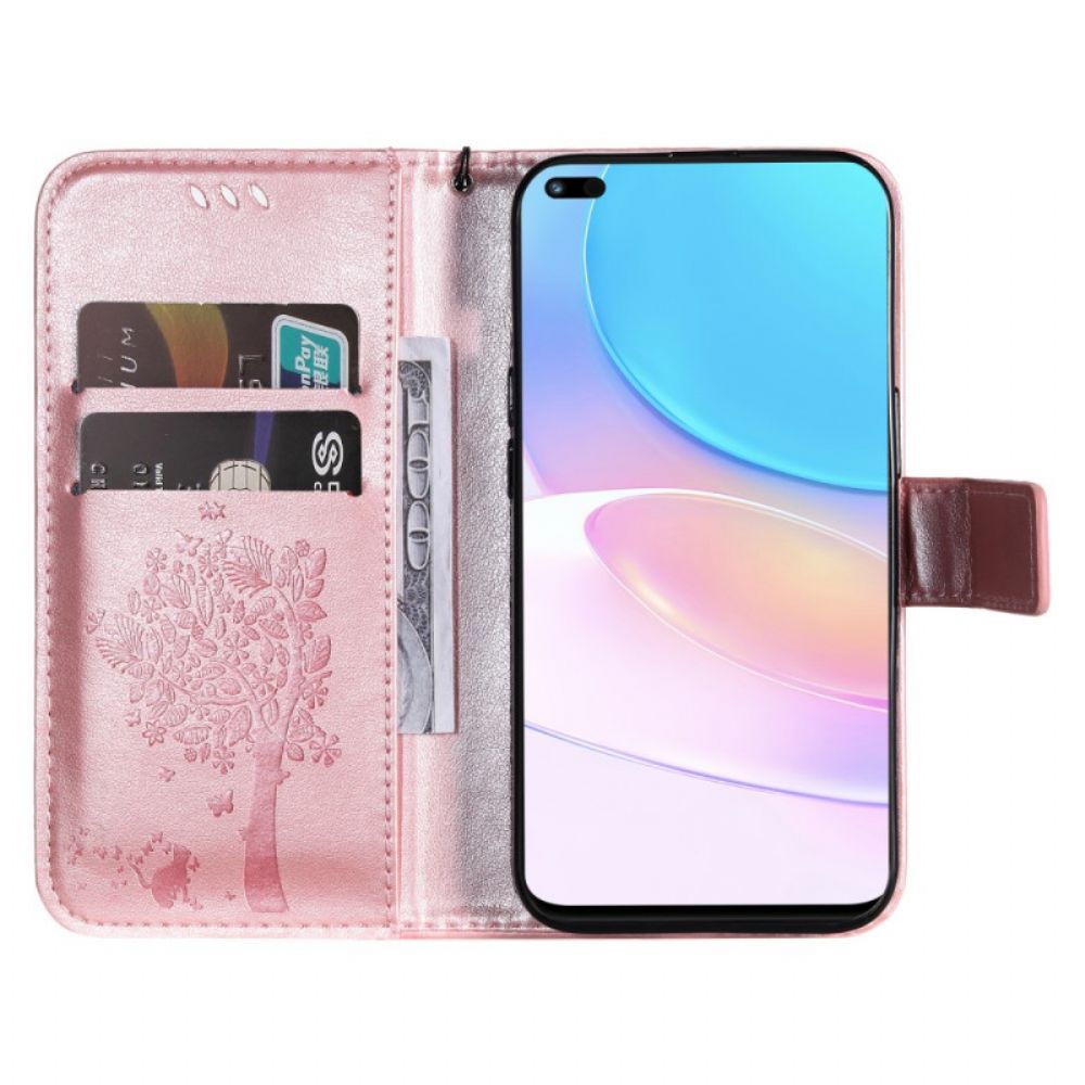 Flip Case voor Huawei Nova 8i / Honor 50 Lite Met Ketting Boom En String Kat