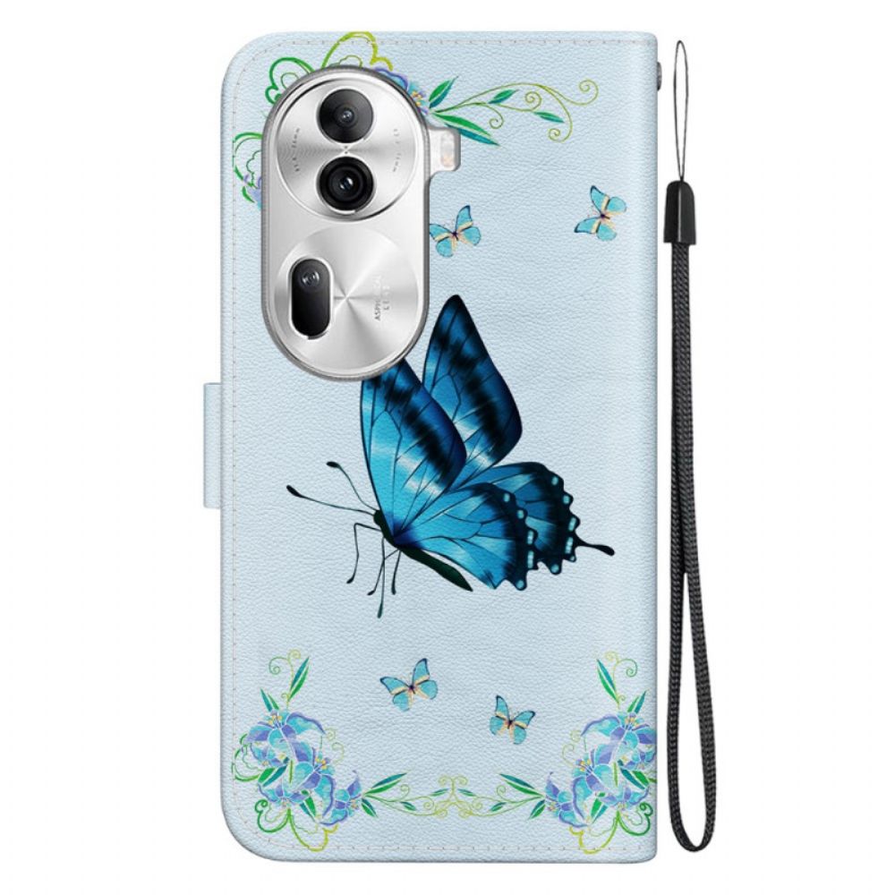 Leren Hoesje Oppo Reno 11 Pro 5g Blauwe Vlinder En Bloemen Met Riempje