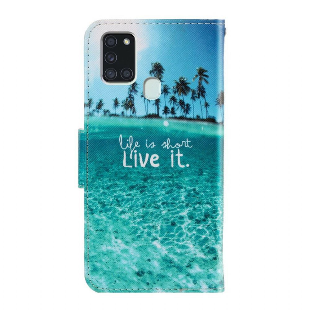 Flip Case voor Samsung Galaxy A21s Met Ketting Leef Het Met Bandjes