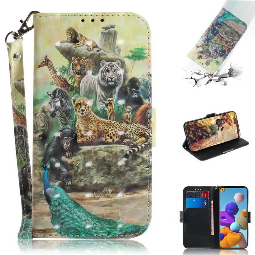 Flip Case voor Samsung Galaxy A21s Met Ketting Thong Safari Dieren