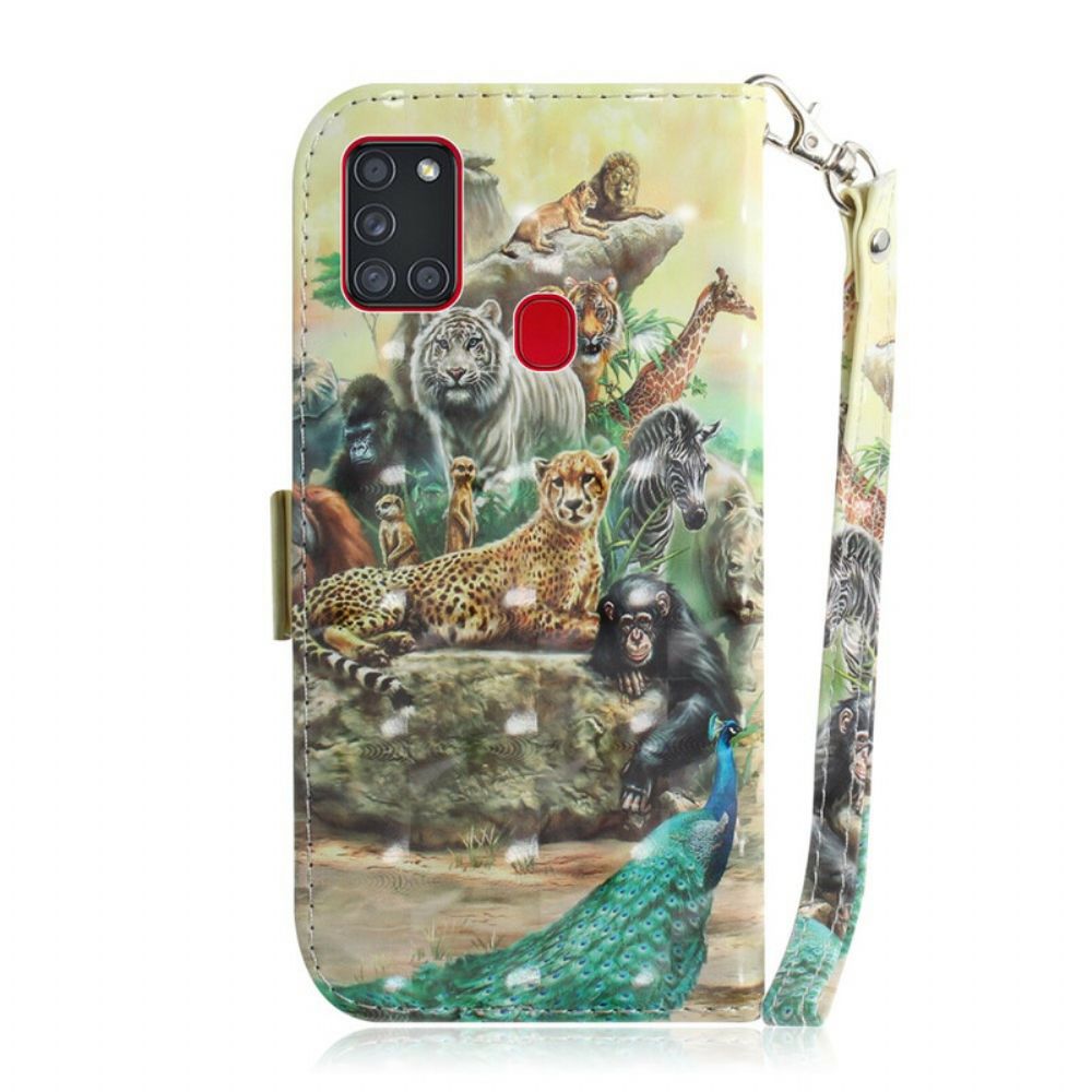 Flip Case voor Samsung Galaxy A21s Met Ketting Thong Safari Dieren