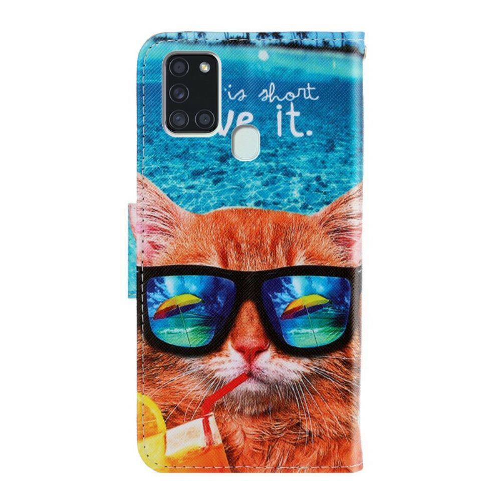 Leren Hoesje voor Samsung Galaxy A21s Met Ketting Cat Live It Strappy