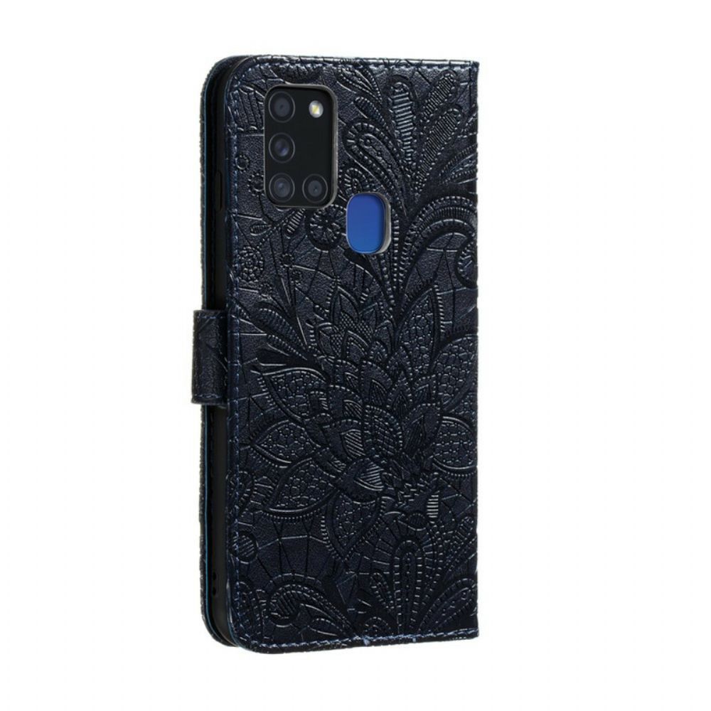 Leren Hoesje voor Samsung Galaxy A21s Met Ketting Tribal Band Bloemen