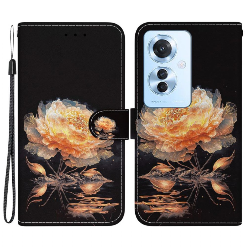 Folio-hoesje Oppo Reno 11f 5g Telefoonhoesje Gouden Pioen Met Riem