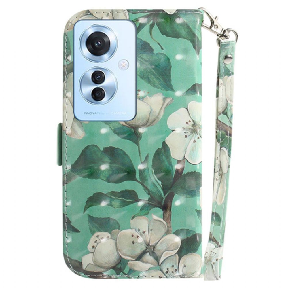 Leren Hoesje Voor Oppo Reno 11f 5g Witte Bloemen Met Riem