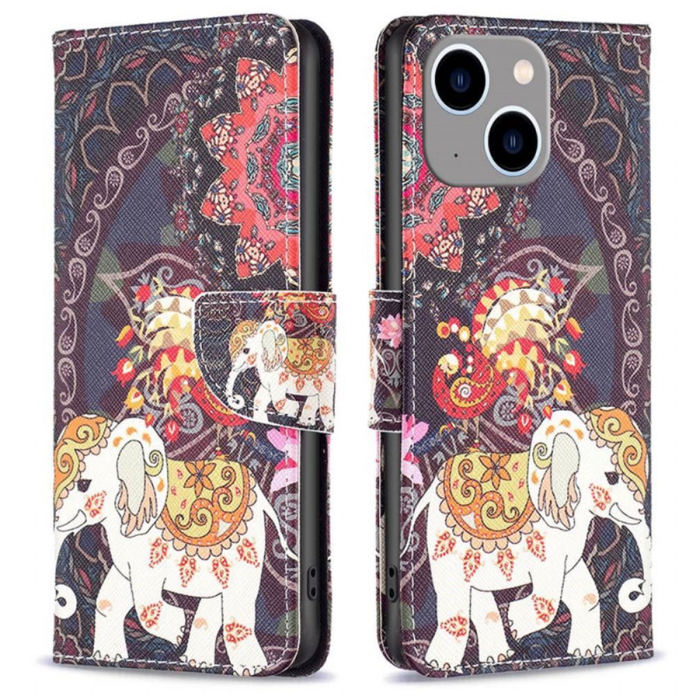 Leren Hoesje voor iPhone 14 Plus Tribale Olifant