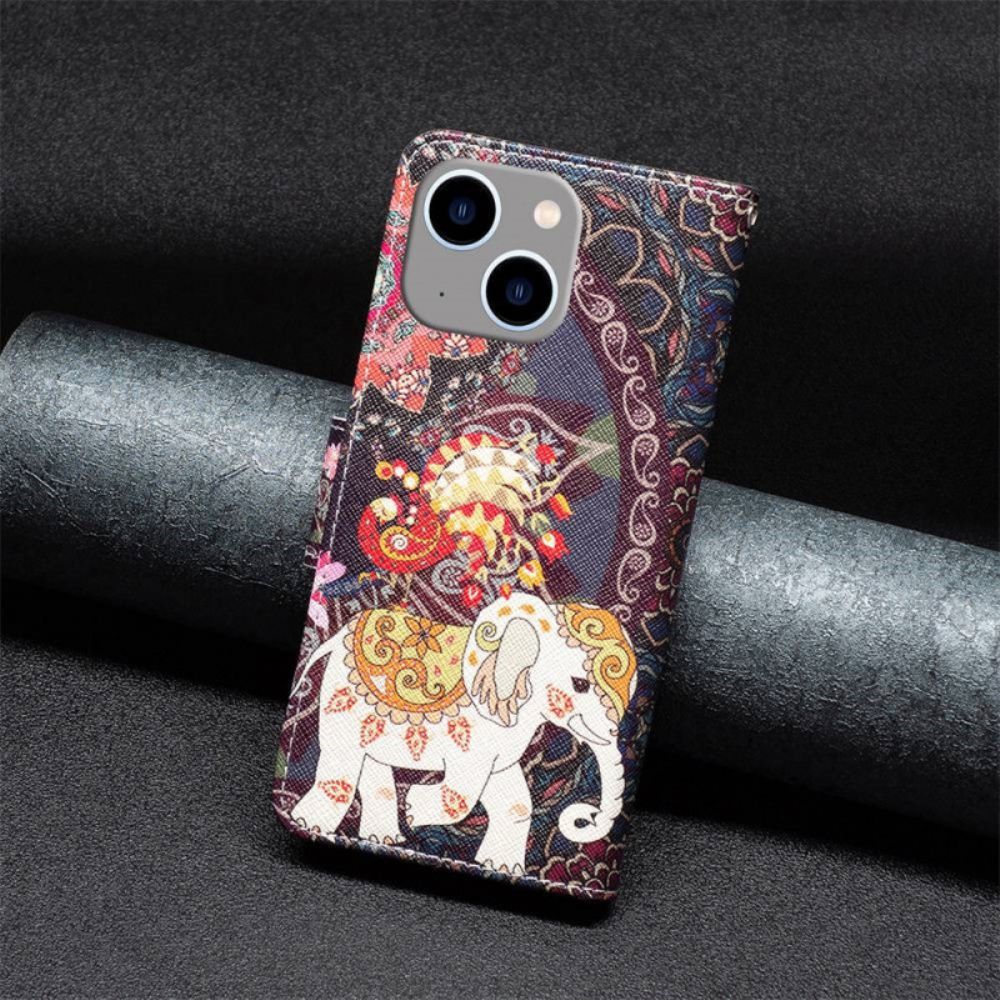 Leren Hoesje voor iPhone 14 Plus Tribale Olifant