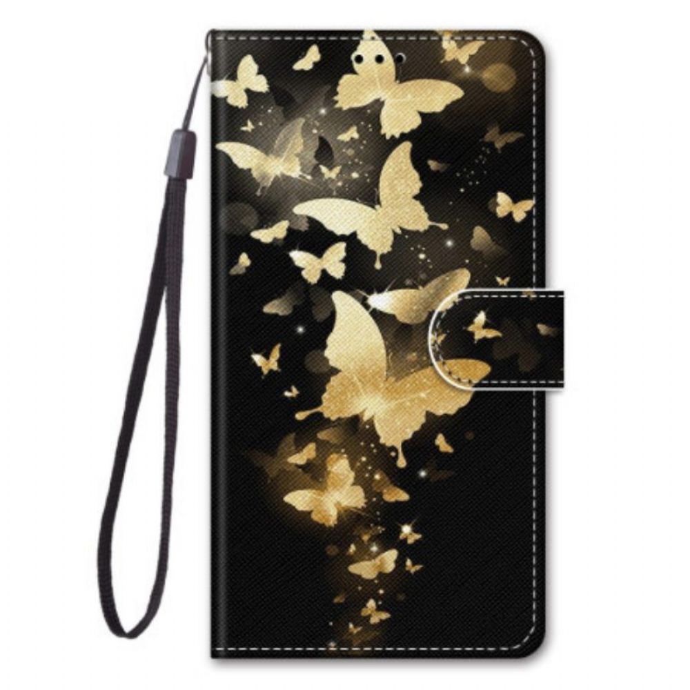 Leren Hoesje voor Xiaomi 12 / 12X Met Ketting Gouden Vlinders Met Riem