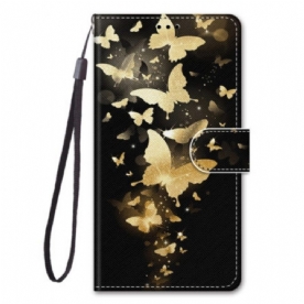 Leren Hoesje voor Xiaomi 12 / 12X Met Ketting Gouden Vlinders Met Riem