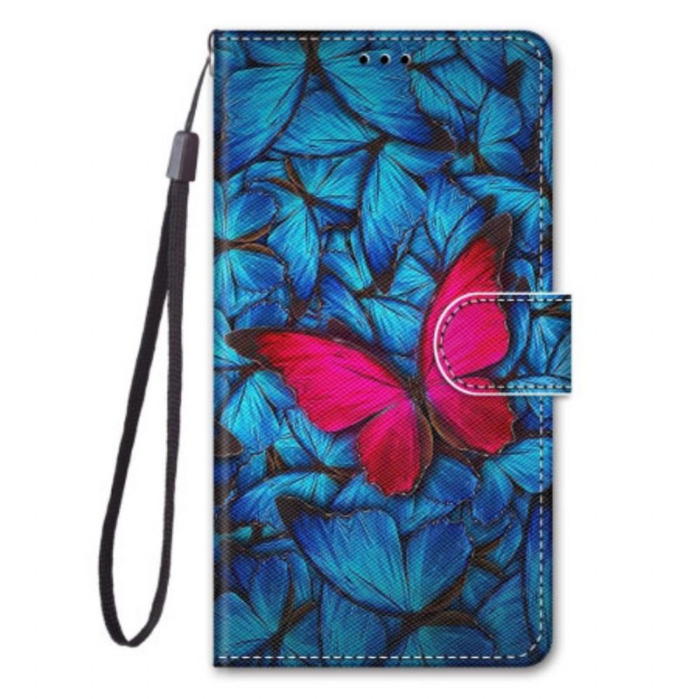 Leren Hoesje voor Xiaomi 12 / 12X Met Ketting Rode Vlinder Met Riem