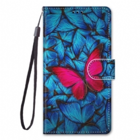 Leren Hoesje voor Xiaomi 12 / 12X Met Ketting Rode Vlinder Met Riem