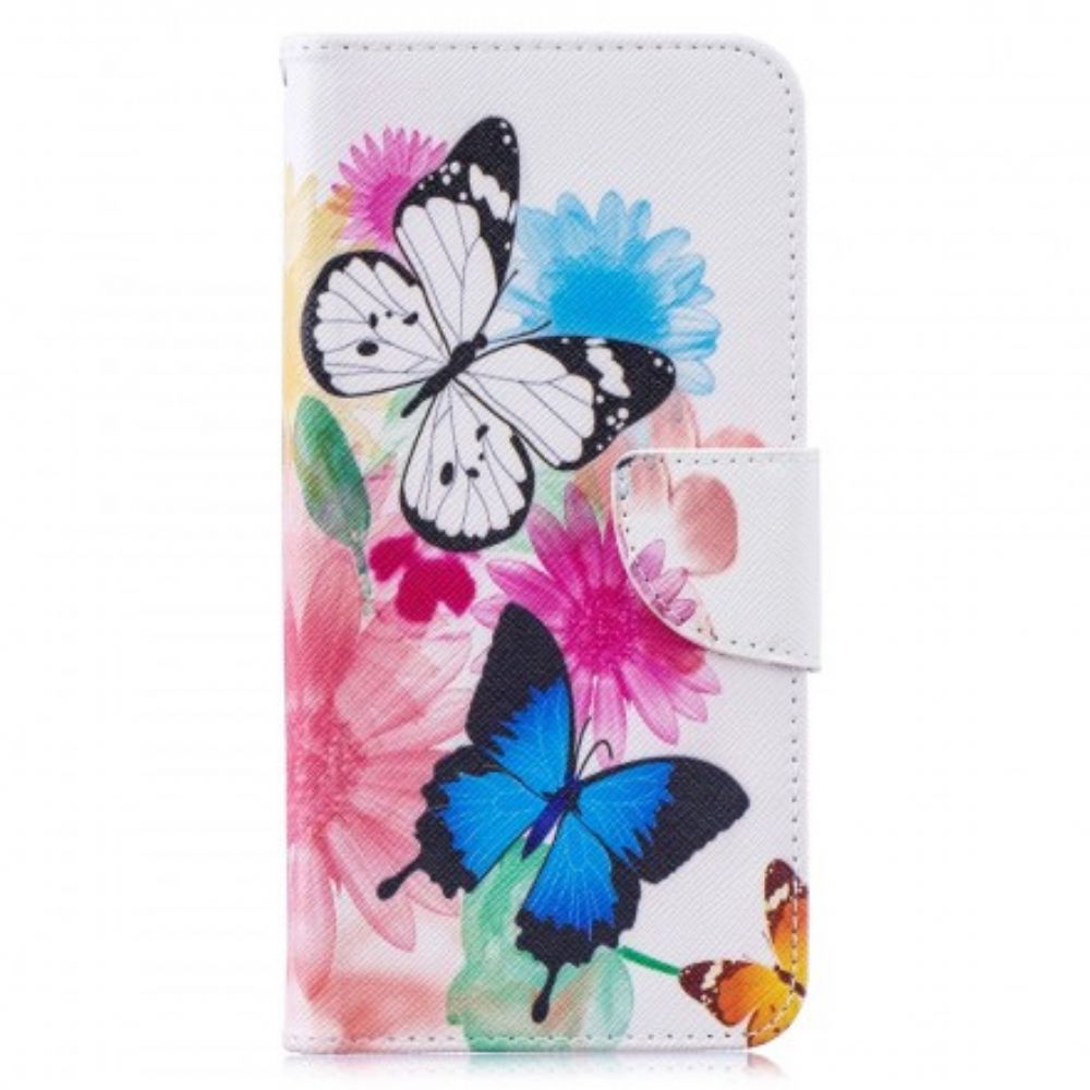 Flip Case voor Huawei Y7 2019 Geschilderde Vlinders En Bloemen