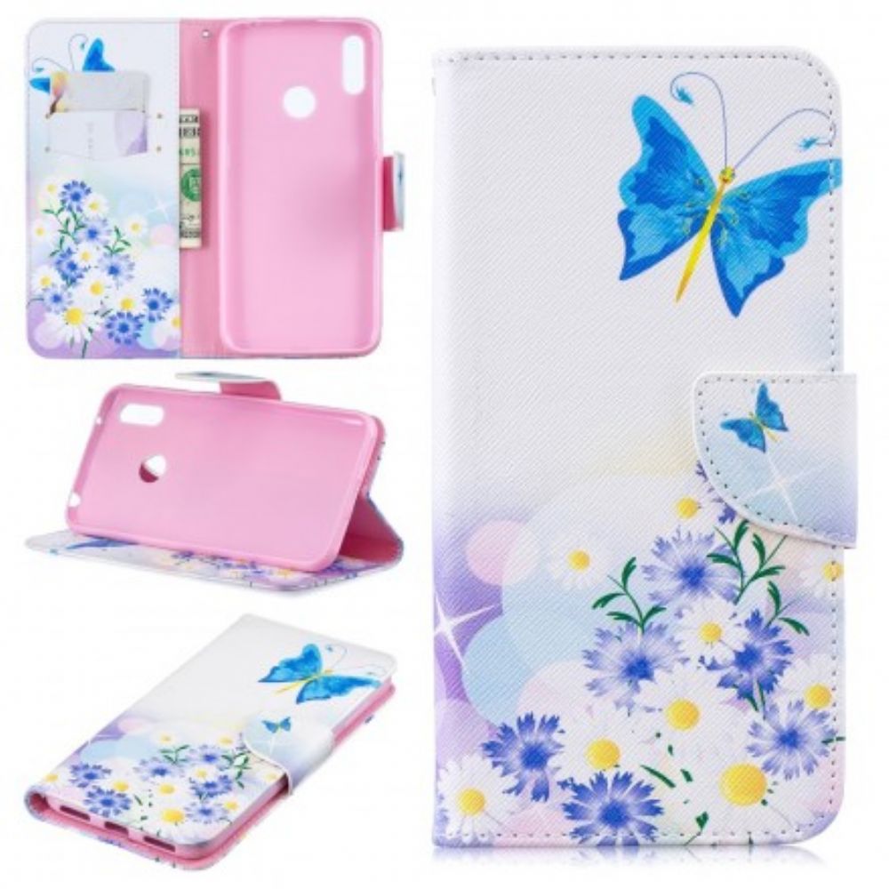 Flip Case voor Huawei Y7 2019 Geschilderde Vlinders En Bloemen