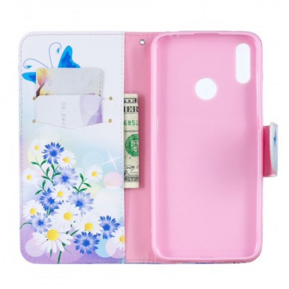 Flip Case voor Huawei Y7 2019 Geschilderde Vlinders En Bloemen