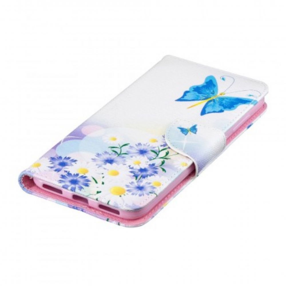 Flip Case voor Huawei Y7 2019 Geschilderde Vlinders En Bloemen