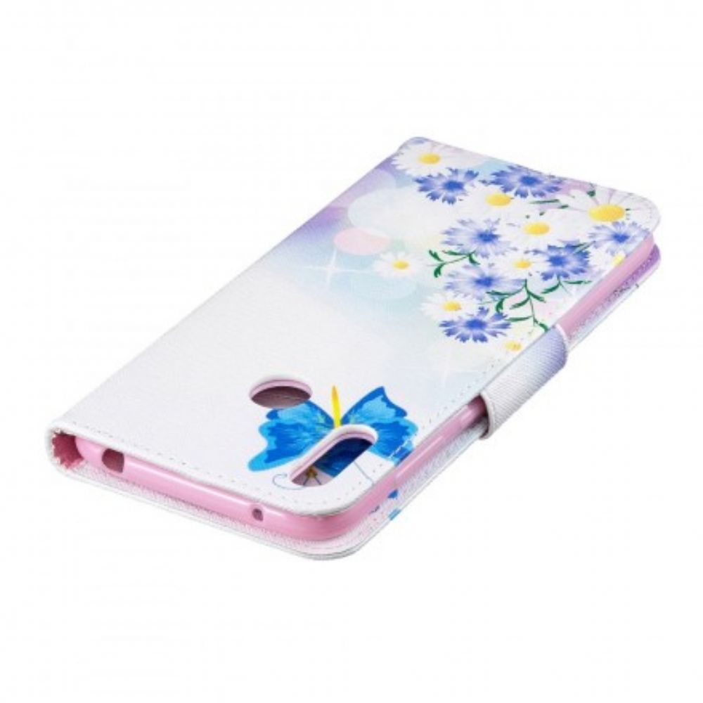 Flip Case voor Huawei Y7 2019 Geschilderde Vlinders En Bloemen