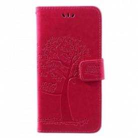 Flip Case voor Huawei Y7 2019 Met Ketting Boom En Uilen Met Bandjes