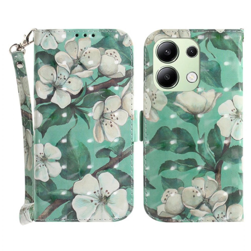 Flip Case Leren Xiaomi Redmi Note 13 4g Aquarelbloemen Met Riempje