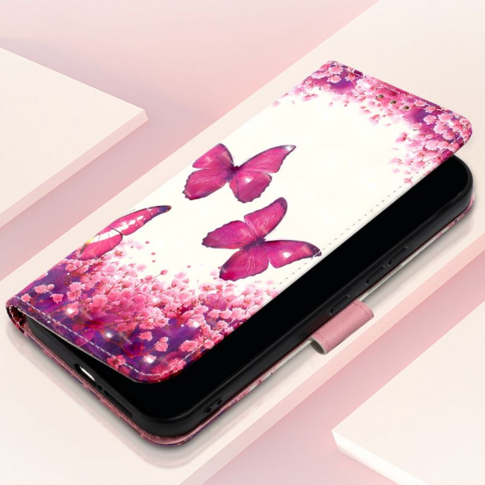 Flip Case Leren Xiaomi Redmi Note 13 4g Roze Vlinders Met Riem