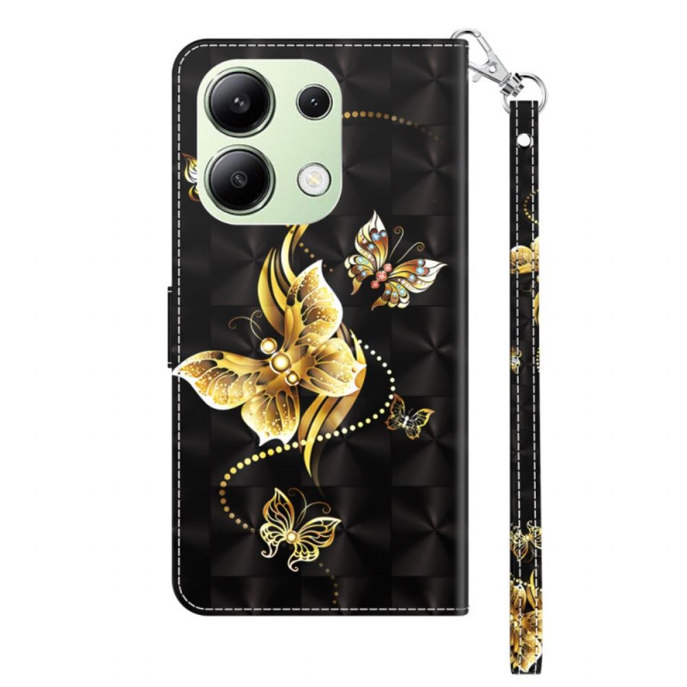 Leren Hoesje Xiaomi Redmi Note 13 4g Gouden Vlinders Met Riem Bescherming Hoesje